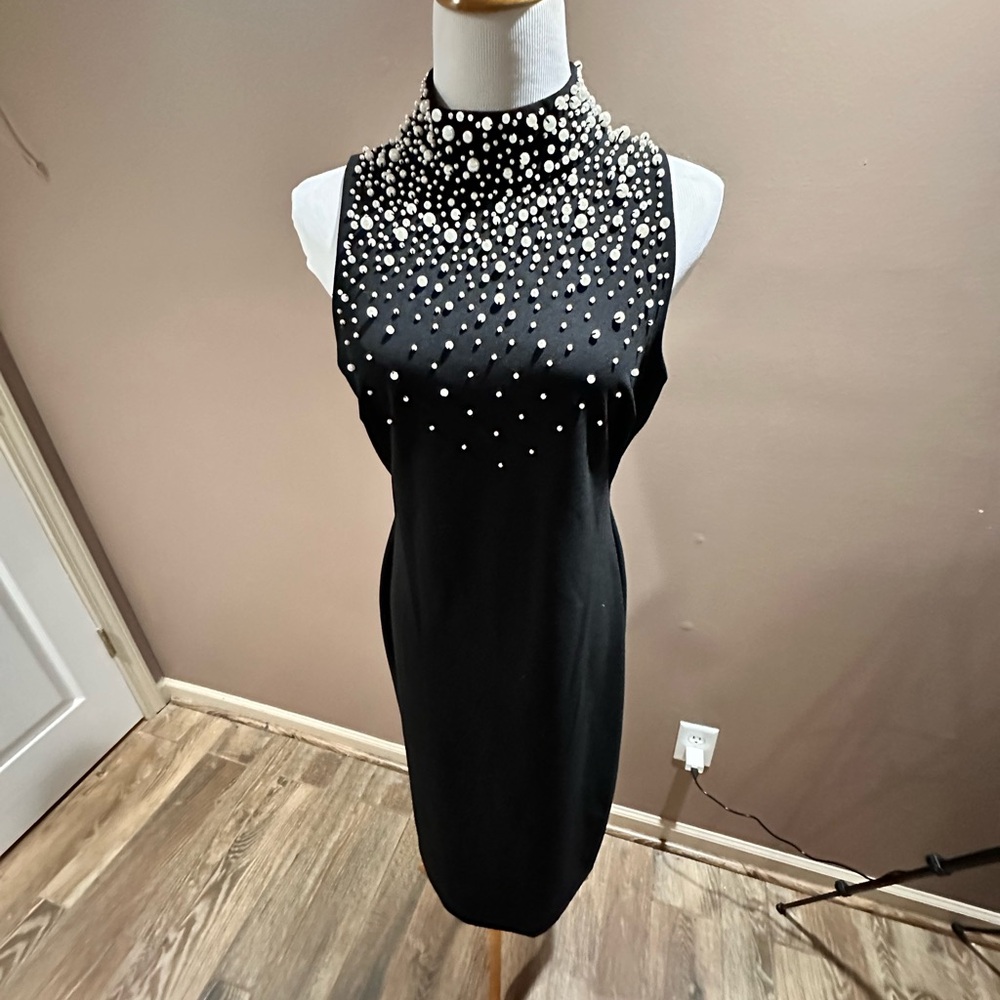 Karl Lagerfeld Elegant Black Pearl-Embellished Dress